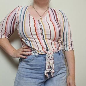 Urban Romantics Cropped Striped Tie Front Blouse